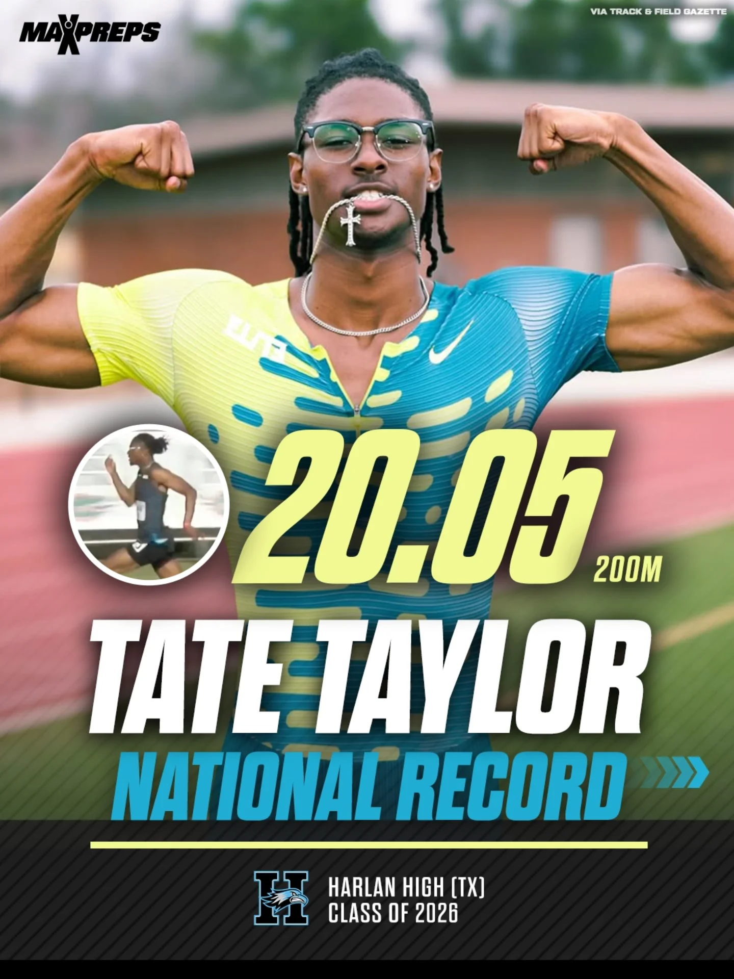 Harlan (TX) senior and Texas Tech commit Tate Taylor just clocked a 20.05 200m, topping Noah Lyles' previous high school national record! 🏃🏾💨

( via @trackgazette | @usatf )