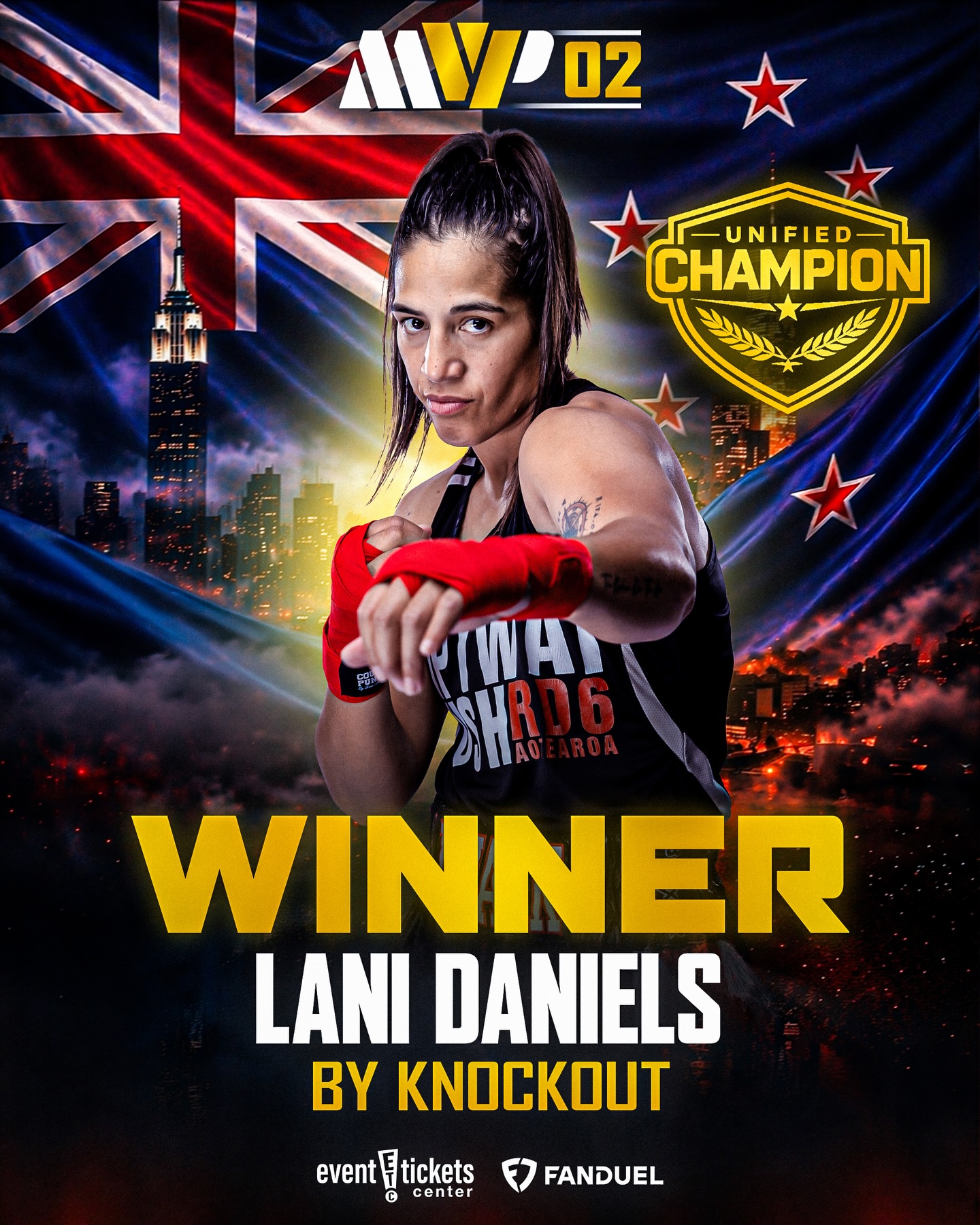 @lanijack77 🇳🇿 is THE NEW IBF/WBO/Ring Unified Super Middleweight World Champion! Winning by TKO in the 9th Round! #GreenDaniels

——— 
LIVE NOW
🇺🇸 ESPN
🇬🇧 @SkySportsBoxing
#MVPW02