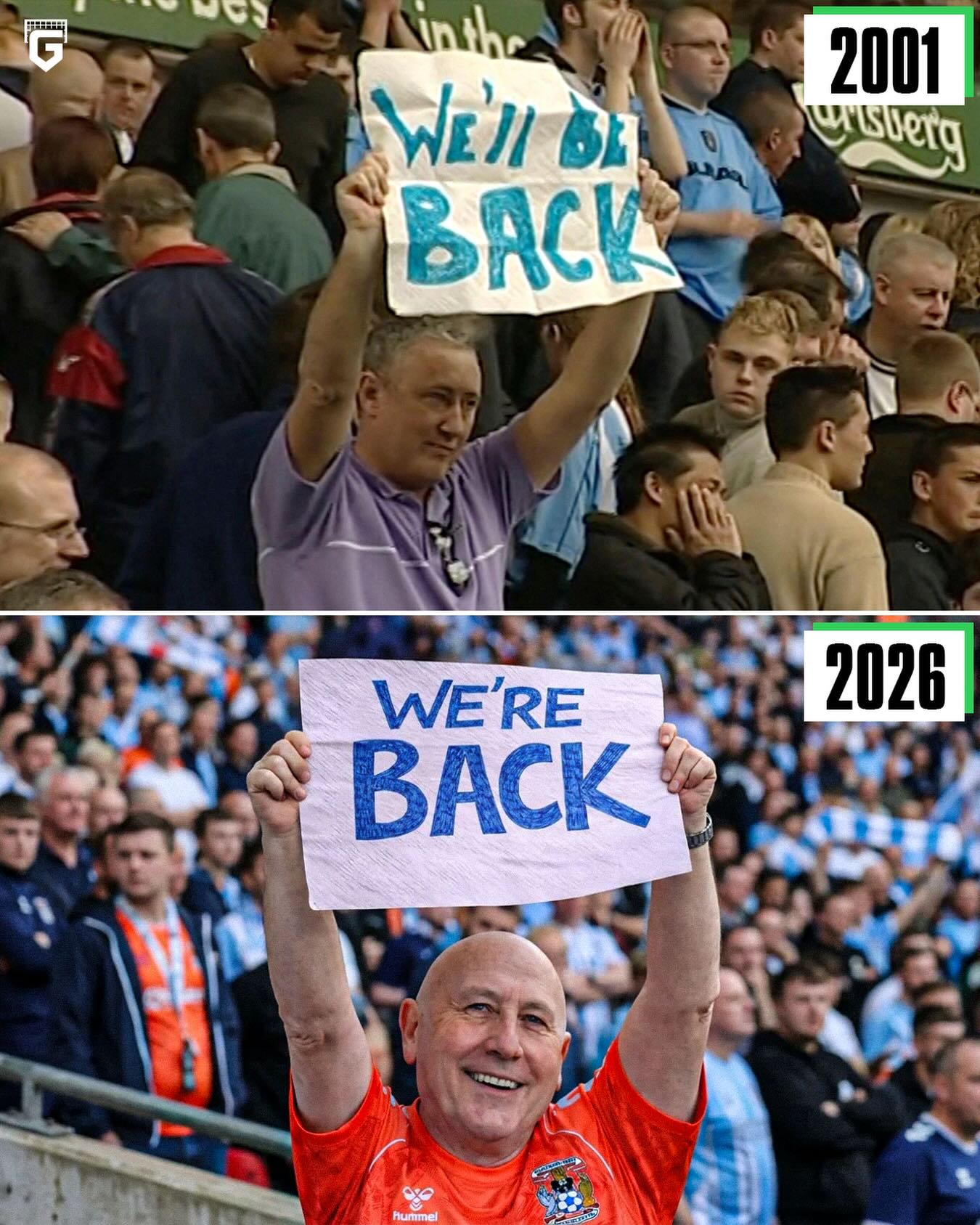 📸 There’s an interesting story behind Coventry’s promotion to the Premier League.

A story that he might have been waiting for his entire life.

He is John Mullaney, who earned the nickname “Banner Man.” Back in 2001, he unfurled a banner reading “We’ll be Back” when Coventry City had to relegate from the Premier League at Villa Park.

Just like a fan whose love for one club is so immense. He was always present at Coventry matches, no matter the circumstances.

In 2011/12, Coventry had to relegate from the Championship (second tier). Perhaps his hopes were dashed once again, meaning an even longer wait.

In the 2016/17 season, things got worse—Coventry relegated from League One (third tier) and had to play in League Two (fourth tier).

But in the following season (2017/18), his hopes resurfaced after they successfully promoted back to League One.

It took 2 seasons, and then they could promote again to the Championship in the 2019/20 season.

And next season, after a 25-year wait. It’s certain, with lifelong witness John Mullaney. His words finally came true at the age of nearly 69.

COVENTRY BACK TO PREMIER LEAGUE! 🩵