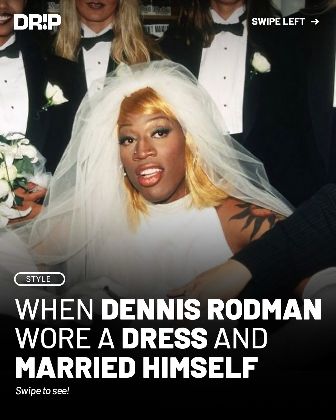 In 1996, Dennis Rodman staged one of the most surreal publicity moments in sports and pop culture, “marrying” himself to promote his autobiography Bad As I Wanna Be. Dressed in a full bridal gown with a veil and bouquet, he arrived in a horse-drawn carriage in New York City, fully committing to the spectacle.

Rodman framed the stunt as both performance and statement, openly discussing his identity and self-image while leaning into the idea of self-love. The moment blurred the line between promotion and personal expression, reinforcing his reputation as one of the most unpredictable and boundary-pushing figures the NBA has ever seen.
