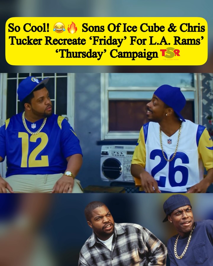 #TSRSports: The sons of Ice Cube and Chris Tucker had folks feeling real nostalgic with this one! 🥹🏈 #OSheaJacksonJr. and #DestinTucker tapped into their dads’ legacy, recreating scenes from ‘Friday’ for the Los Angeles Rams’ ‘Thursday’ NFL Draft campaign. 🔥🎬 (📸: @rams) — ✍🏾: #TSRStaffLG #TSRStaffJR