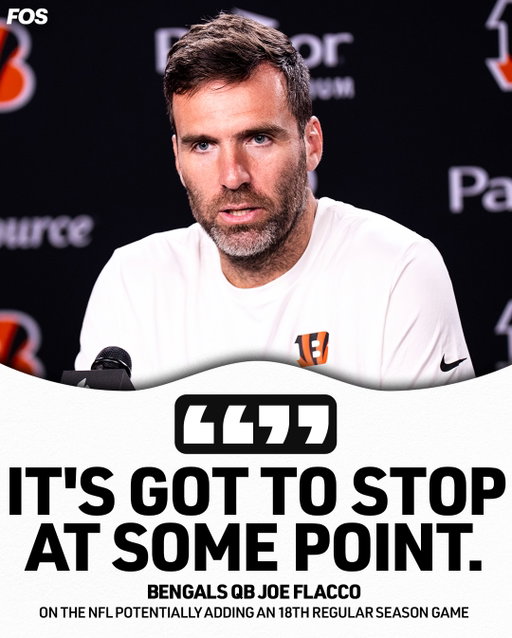 Joe Flacco tells FOS he’s not a fan of the NFL potentially adding an 18th regular-season game. Speculation around an extra game has grown since the league’s annual meeting in late March, driven largely by the NFL’s expanding international slate. The trade-off: cutting preseason down to two games.

Full conversation in bio.
