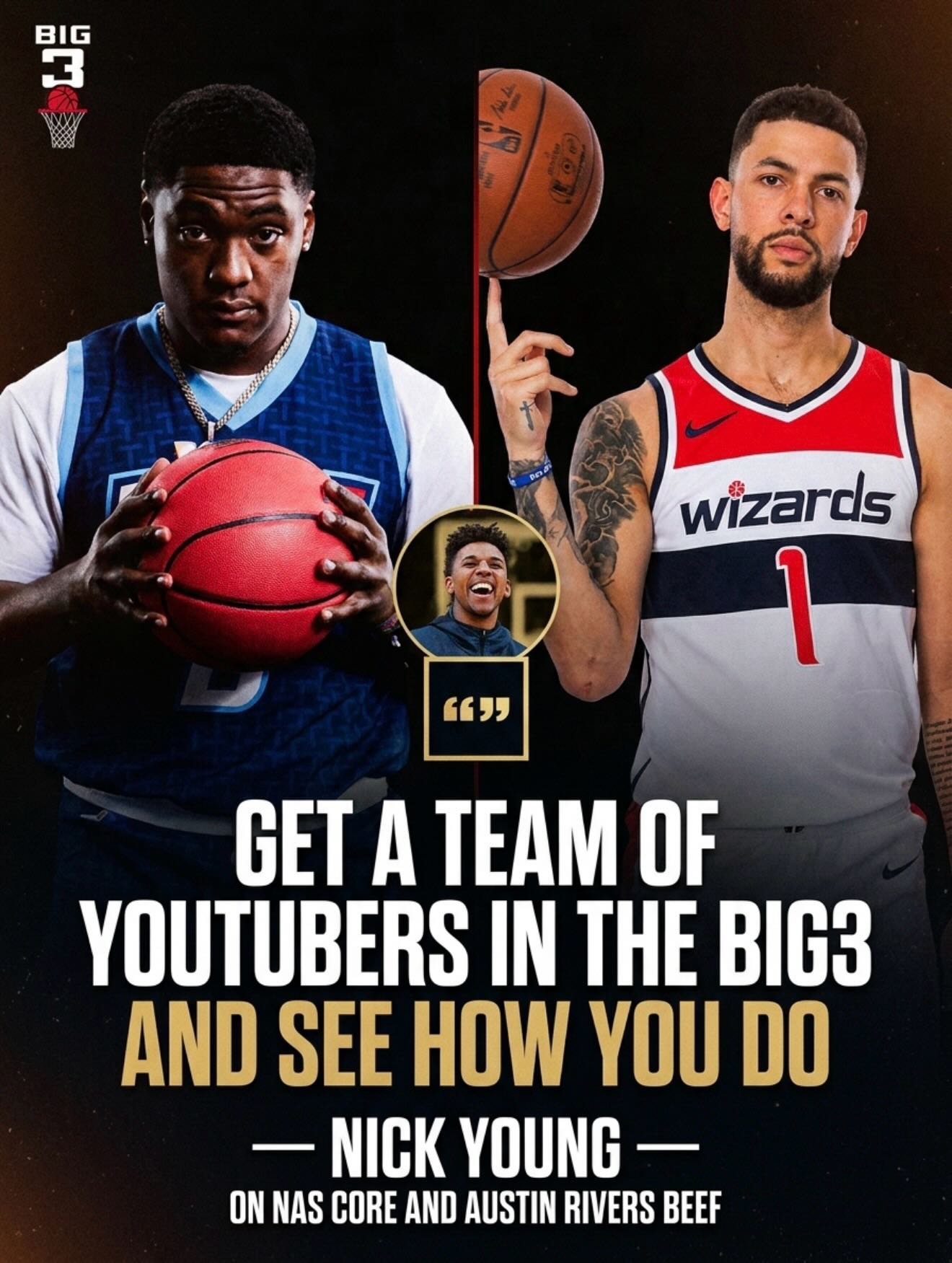Nick Young has issued a challenge to the 1v1 YouTube circuit: Bring it to the combine. 
Season 9 just got its first storyline and it hasn’t even tipped off. 

May 7. Exclusively on @youtube 

Most fans watch from home. A few get in the room.
Meet the legends. Combine access. Season 9 built in real time.
Ultimate Combine & Draft Experience — Las Vegas, May 7.
Limited VIP packages 🎟️🎟️ big3experiences.com