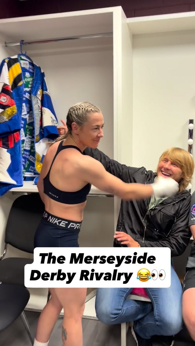 Liverpool fan @theufcbaddy makes it clear he does not like @meatballmolly’s Everton inspired kit 👀😂

Here to support his friend but then attentions turn to the Merseyside Derby tomorrow 🔵🔴 

#WhittakerSuarez #MollyMcCann #PaddyTheBaddy