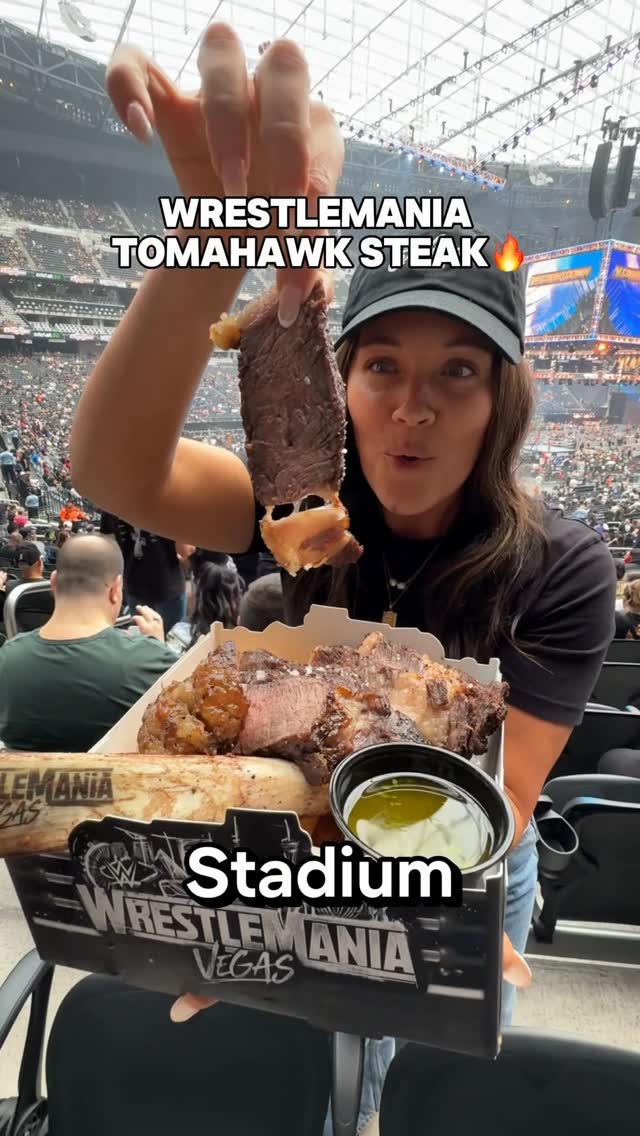 If you’re hungry at Wrestlemania inside Allegiant Stadium, you’ve come to right place. Check out this INSANE tomahawk steak offered at Tastes of The Nation Tailgate Favorites’ in section 141 🔥🔥 @allegiantstadium