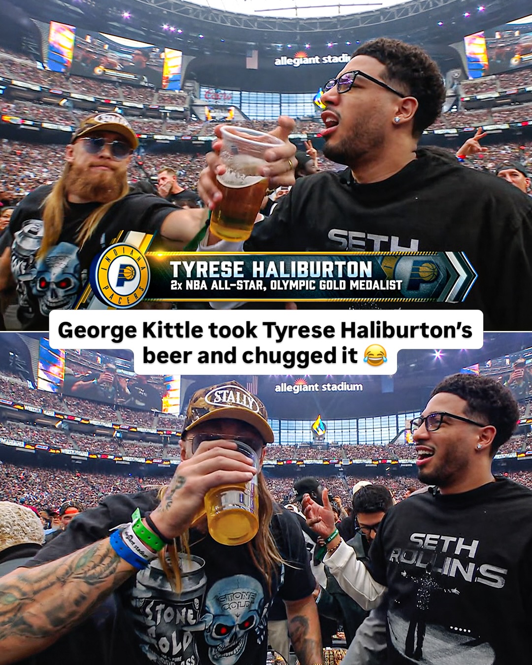 George Kittle chugging Tyrese Haliburton’s beer 😂 #WrestleMania 

#wwe #wweonnetflix #nfl #nba