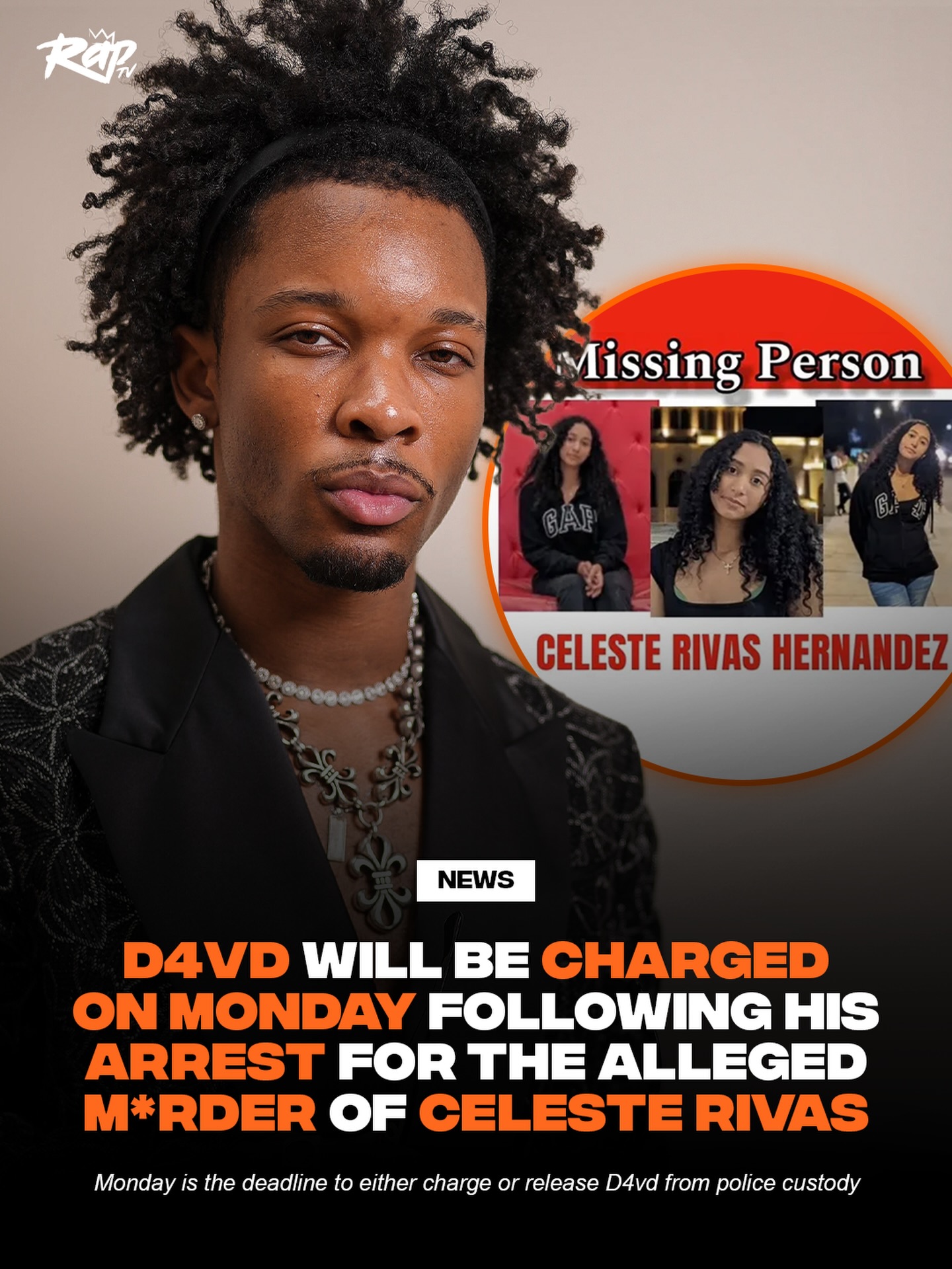 D4vd will be formally charged on Monday following his arrest for the alleged m*rder of Celeste Rivas Hernandez‼️

According to TMZ, Monday is the deadline to either charge D4vd with the crime or release him from police custody.