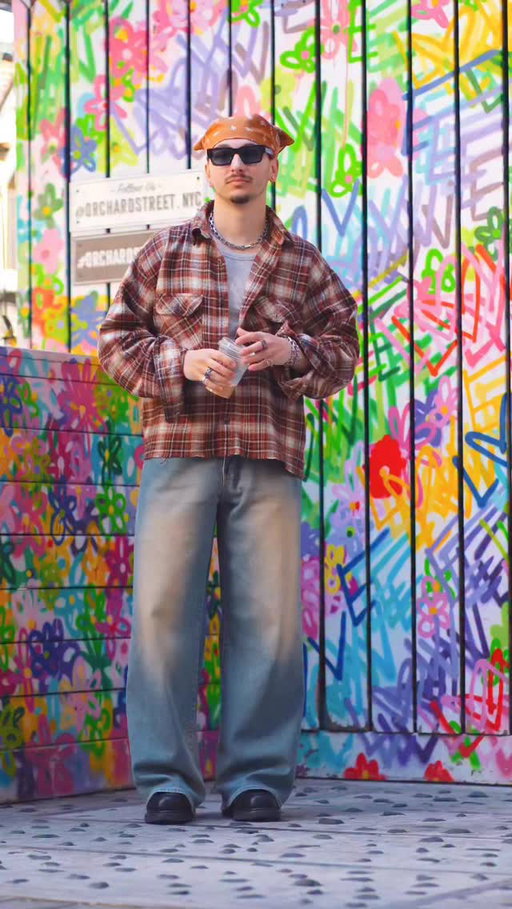More legendary links in LES today @j_wellz @paris.haven 

Details on my fit
Amazon bandana adding a standout pop and giving the fit personality up top
@lohavenclo Sunglasses bringing a sharp, minimal edge
@thryfty chain layering in a subtle accessory detail
@cosstores tank creating a clean, neutral base layer
Vintage Canyon Guide Outfitters flannel adding texture, pattern, and that rugged feel
@poolhousenewyork jeans bringing a wide leg silhouette with a soft, worn-in wash
Harley Davidson boots finishing the look with a heavy, workwear-inspired edge

Men’s fashion, spring outfits men, streetwear outfits men, flannel outfit men, wide leg jeans men, vintage streetwear, workwear style men, relaxed fit men, NYC street style, everyday menswear, men’s outfit inspiration