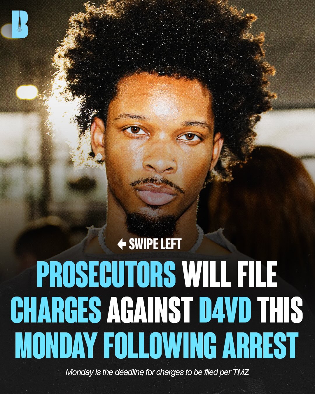 Prosecutors will reportedly file charges against D4vd this Monday 

According to TMZ “The Los Angeles County District Attorney will file criminal charges against D4vd Monday, following his arrest for the alleged murder of Celeste Rivas ... sources connected to the case tell TMZ... we’re told they will do the former, after sources say the LAPD put the pressure on prosecutors…”

Monday is the deadline to charge D4vd with a crime or release him from police custody