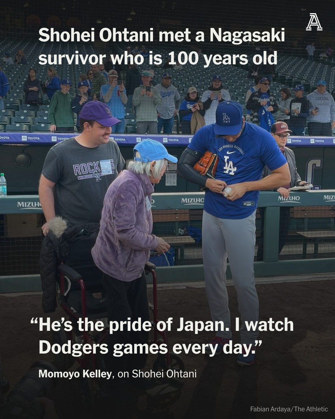Shohei Ohtani is a once-in-a-century player, so Momoyo Kelley wanted to wait for her opportunity for an autograph.

The 100-year-old Salt Lake City resident briefly met Ohtani before Saturday's Dodgers-Rockies game saying it was “like a dream."