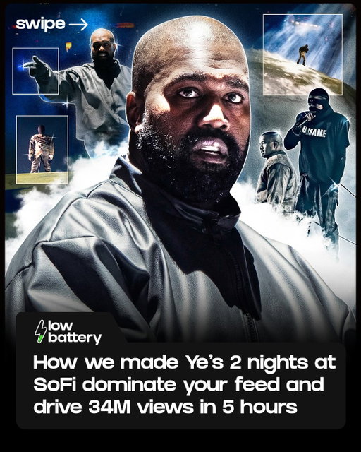 Ye’s return to the stage at SoFi was one of the biggest moments in music this year...

Low Battery was on it across both nights from inside the stadium to the livestream and everything that happened around it📈

• 34M impressions
• 2.3M likes
• 13.2K comments
• 50+ pieces of content

By moving fast across every key moment, we turned one of the year’s biggest live shows into real-time social coverage at scale:

• On-the-ground coverage from SoFi
• Livestream monitoring across both nights
• Real-time clips, memes, and reaction moments
• Coverage that carried from the show into the broader internet conversation

Big cultural moments like this are exactly what we’re built for.
