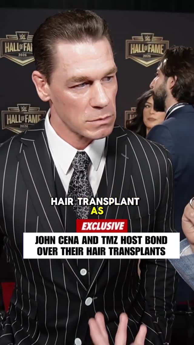 @johncena and TMZ's @bransonquirke bind over their hair transplants on the @wwe. Hall Of Fame Red Carpet ahead of #WrestleMania.