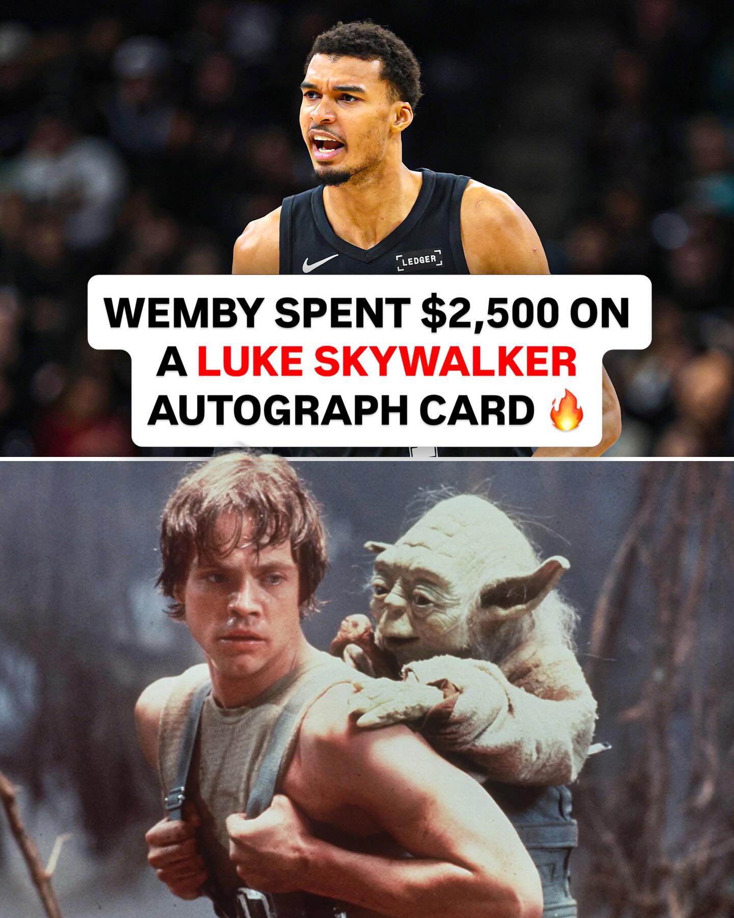 Victor Wembanyama’s love for Star Wars runs deep.

He’s called Revenge of the Sith and The Empire Strikes Back his favorite movies ever, purchased a LEGO Millennium Falcon with his first NBA paycheck, and even played in an NBA game wearing Chewbacca-inspired “Wookiee of the Year” shoes.

That’s why when a 1977 autographed Luke Skywalker card came his way… he had to have it 🙌