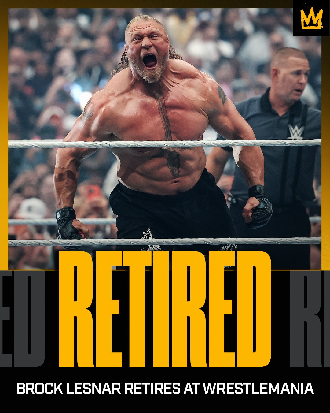 Brock Lesnar shocked the #WrestleMania crowd by taking off his glove and boots after losing to Oba Femi 😲