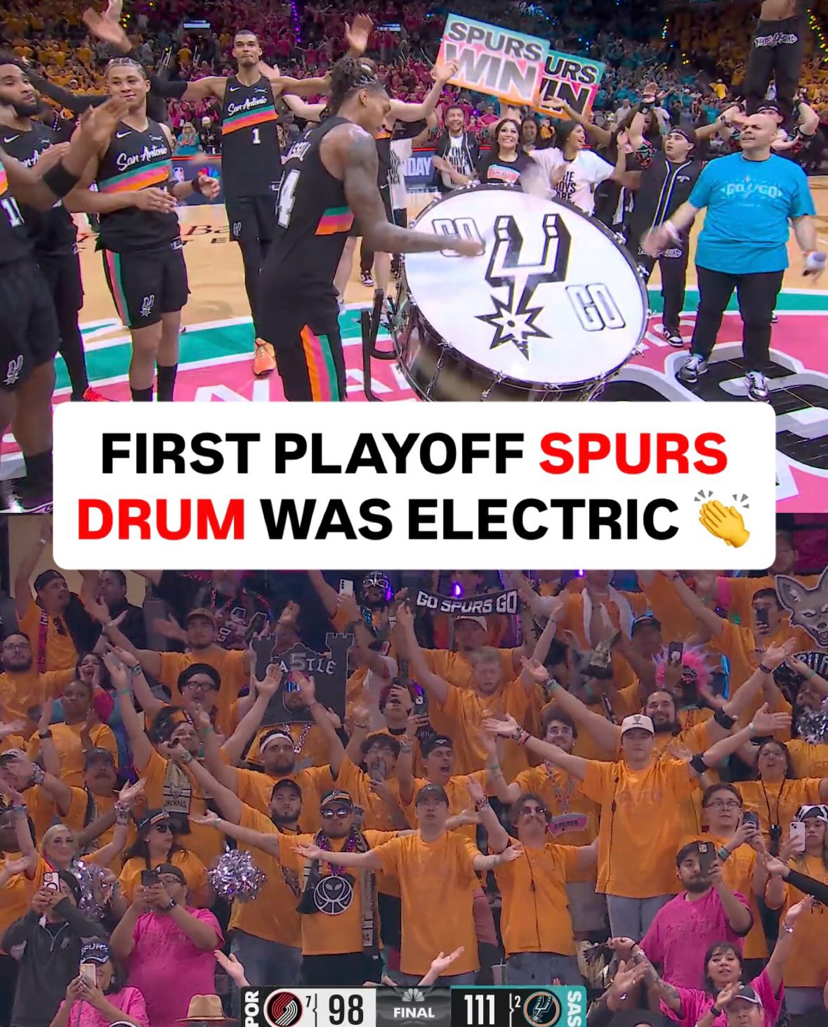 UNREAL DRUM CELLY after first Spurs playoff win of the Wemby era. 👏🔥
