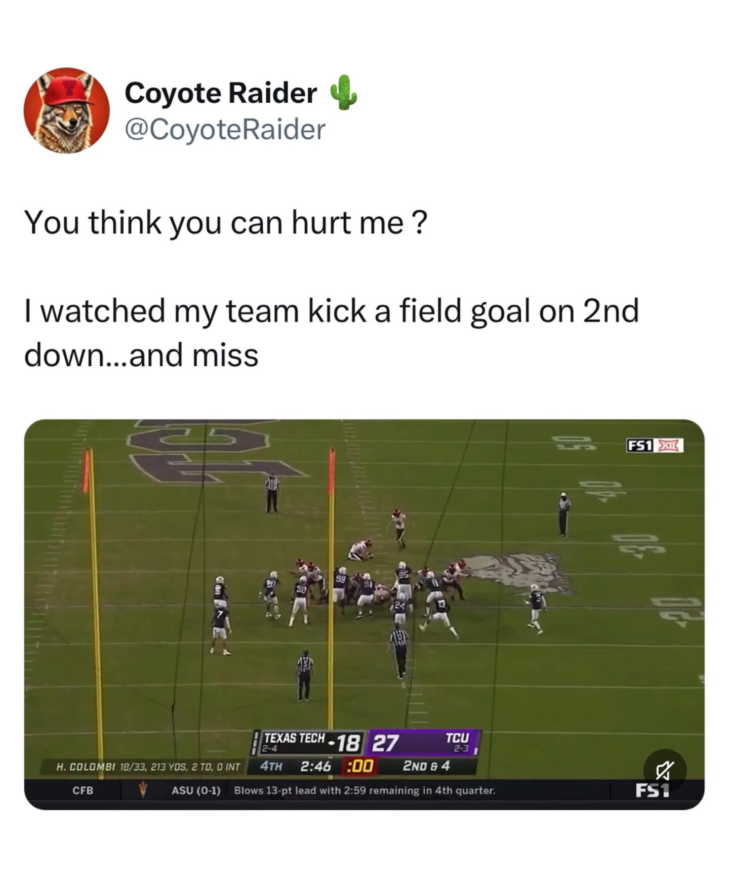 Texas Tech has come a long way from where they were a few years ago 😭

Against TCU in 2020, the Red Raiders attempted a field goal on 2nd down late in the game to try to preserve time while cutting the deficit to one score… but missed the kick and gave the ball back two downs early.

TCU immediately scored an 81-yard touchdown on a QB run by Max Duggan to put it away. Texas Tech fell to 2-5.