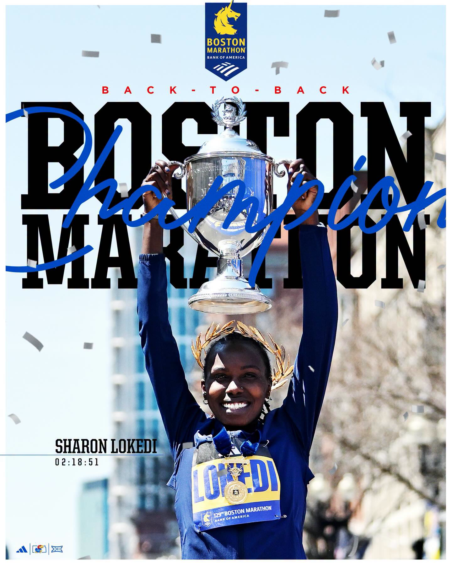 BACK-TO-BACK 🏆 

Congrats to Kansas great, Sharon Lokedi, on winning the Boston Marathon with a time of 2:18:51 🔥 

#RockChalk x @shazrine
