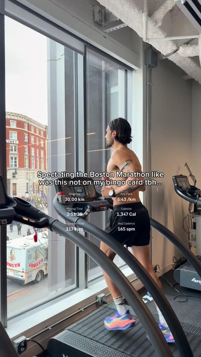 Whoever put the treadmill here was cooking…

Watching the Boston Marathon in person whilst doing my long run- that was a special one. Felt like I was in it with them lol 

30km done and dusted and felt inspired watching the runners fly past. Boston Marathon 2027 I’ll see you then.