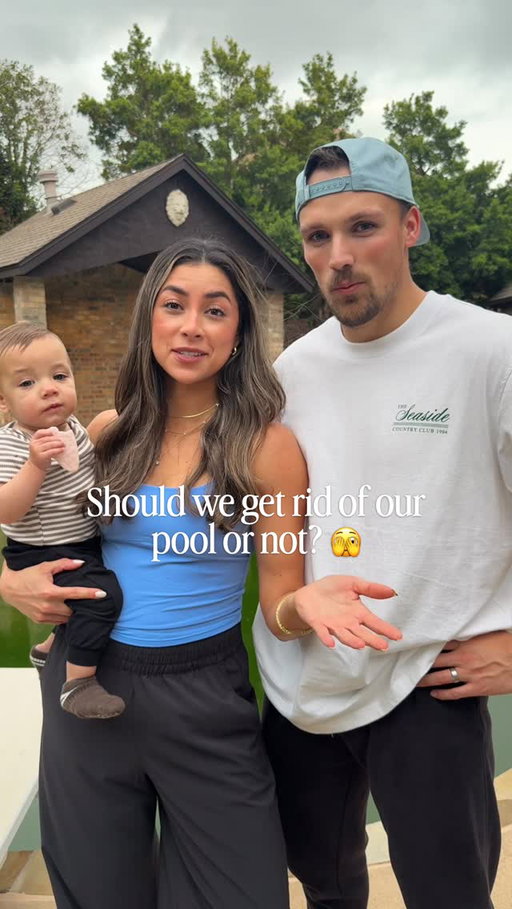 What would you do? 🏊👀 We are so torn!! 😭 we love having a pool, but it’s also such a risk, expensive and there’s nowhere for our son to play safely back here! Comment below 👇