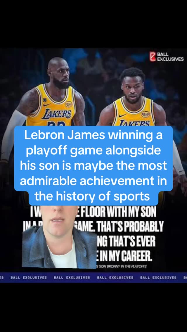 Lebron James winning a playoff game alongside his son is maybe the most admirable achievement in the history of sports. Like we spend a lot of time arguing about legacies, right? What’s a better legacy than this? You can talk about rings and stats, but achieving this as a father blows any other basketball achievement out of the water. MJ doesn’t have one accolade that even comes close to this success story. Because not only does it speak to your longevity and prowess for your own basketball career, it speaks to your success as a father. 41yrs old, 20+ season career, still putting up triple doubles and winning playoff games - that in and of itself is an all time great accomplishment. Raising your kids and fostering their abilities and setting them up to have their own succsssful career as a pro athlete - truly one of the greatest accomplishments a parent can dream of.
Doing BOTH AT THE SAME TIME??? As an athlete, a father, and a human, that’s the top. The other list of pro athlete accomplishments:
1) Jackie Robinson breaking the color barrier 
2) Jesse Owens winning gold in Nazi germany 
3) Muhammad Ali as a sports activist and cultural icon
4) the Griffey boys hitting & robbing home runs together
5) Jim Abbott pitching a no hitter with one hand
6) Drew Brees propping up the city of New Orleans after Katrina. 

Who else ya got? Comment below
