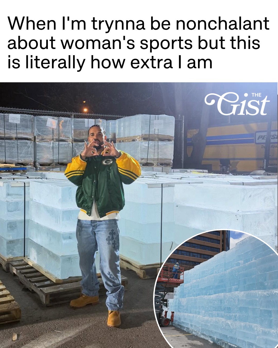 Drake teasing a release date in an ice sculpture is so “I’m chill about it”… but also so extra (and that's how we feel about women's sports.) 🧊⁣
⁣
Drake really said hide the date in a massive block of ice in downtown Toronto and let the fans figure it out. 🏙️❄️⁣
⁣
Iceman is loading. 🔥⁣
⁣
#popculture #drake #womenssports #meme