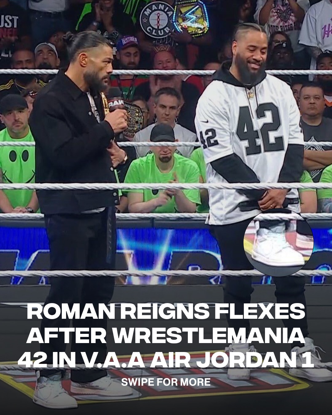 Roman Reigns flexed his Wrestlemania 42 World Heavyweight Championship win over CM Punk on Monday Night Raw wearing the V.A.A. Air Jordan 1 - Alaska in the ring tonight ❄️👟

Does Roman Reigns have the most impressive in-ring kick game in wrestling right now? 💭 

📷: @gettyimages