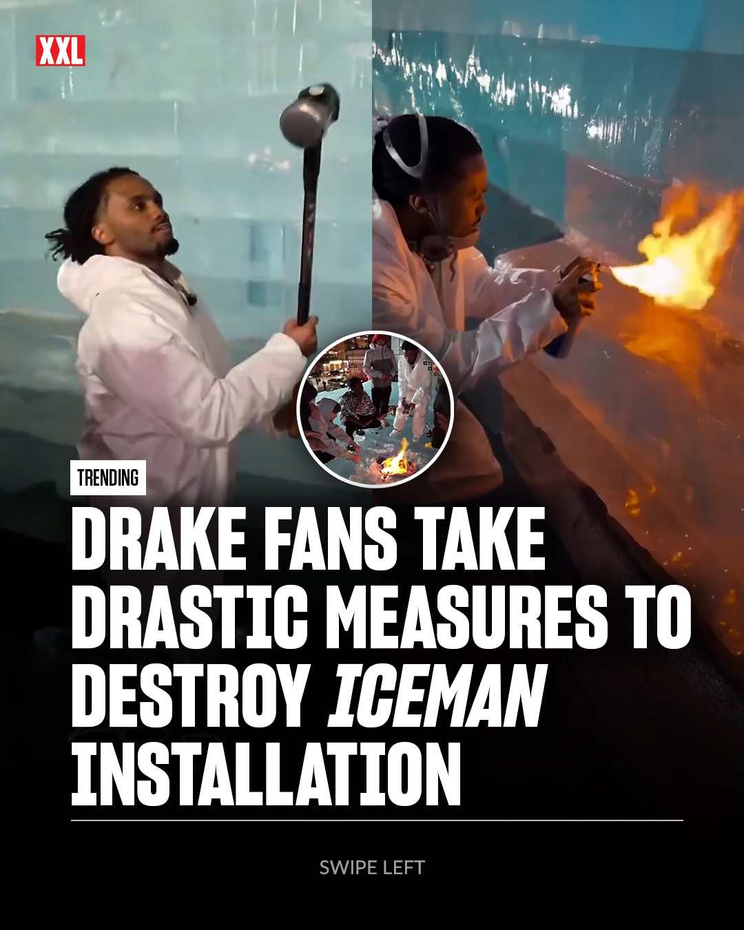 Drake fans took drastic measures to destroy his Iceman installation, forcing police to step in.

After the Toronto rapper hid the album’s release date inside a massive ice structure and posted the location on his IG Story (“Release Date Inside”), crowds pulled up on April 20 trying to break in themselves.

Videos show fans using hammers and pickaxes, lighting makeshift torches, starting fires on top of the structure and even pouring gasoline in an attempt to melt it down 😳

Things escalated quickly, leading Toronto Police’s 51 Division to step in and temporarily seal off the installation over public safety.

All this just to find the release date. When do you think it drops? ⬇️

🎥 @almightykishka @ell0rimo