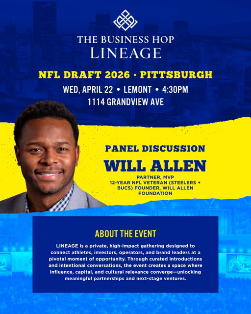 We are SO excited to announce the addition of 12-Year @NFL Veteran Will Allen (@willallenwaf) to our panel of speakers tomorrow at The Business Hop: LINEAGE! 📈🏈

Joining him as speakers and mentors at the inaugural LINEAGE event are Jim Rooney (@jimrooney3374), Patrick Murphy (@patrickmurphypa), Keith Elias (@keithelias20), and Charlotte Heyward (@ladysportzcrazy) from The Heyward House (@theheywardhouse). 

Athletes poised for their second act. Capital ready to be deployed. Brands seeking their next cultural ambassador. LINEAGE is not a conference - it is a carefully constructed ecosystem where influence, investment, and legacy converge in a single evening.

If you believe in mentorship, connection, and building something meaningful beyond the game, you're in the right room. See you in Pittsburgh 🤝

#fillyourcup #nfldraft #networking #businesshop #pittsburgh
