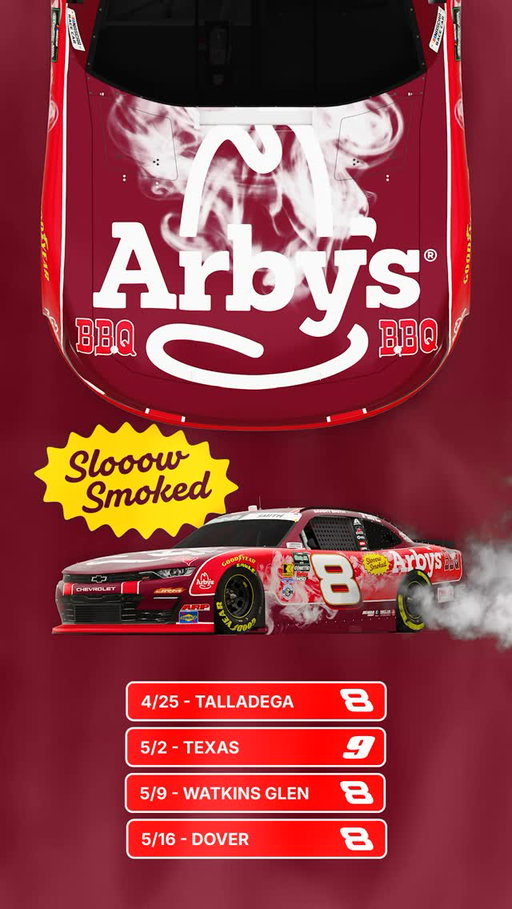 Slooow smoked this one.
 
We’re bringing a new look for the Arby’s BBQ Chevrolet for three races with Sammy Smith and one race with Carson Kvapil in the No. 9.
 
Get your 1/4 Pound BBQ sandwiches from Arby’s NOW!