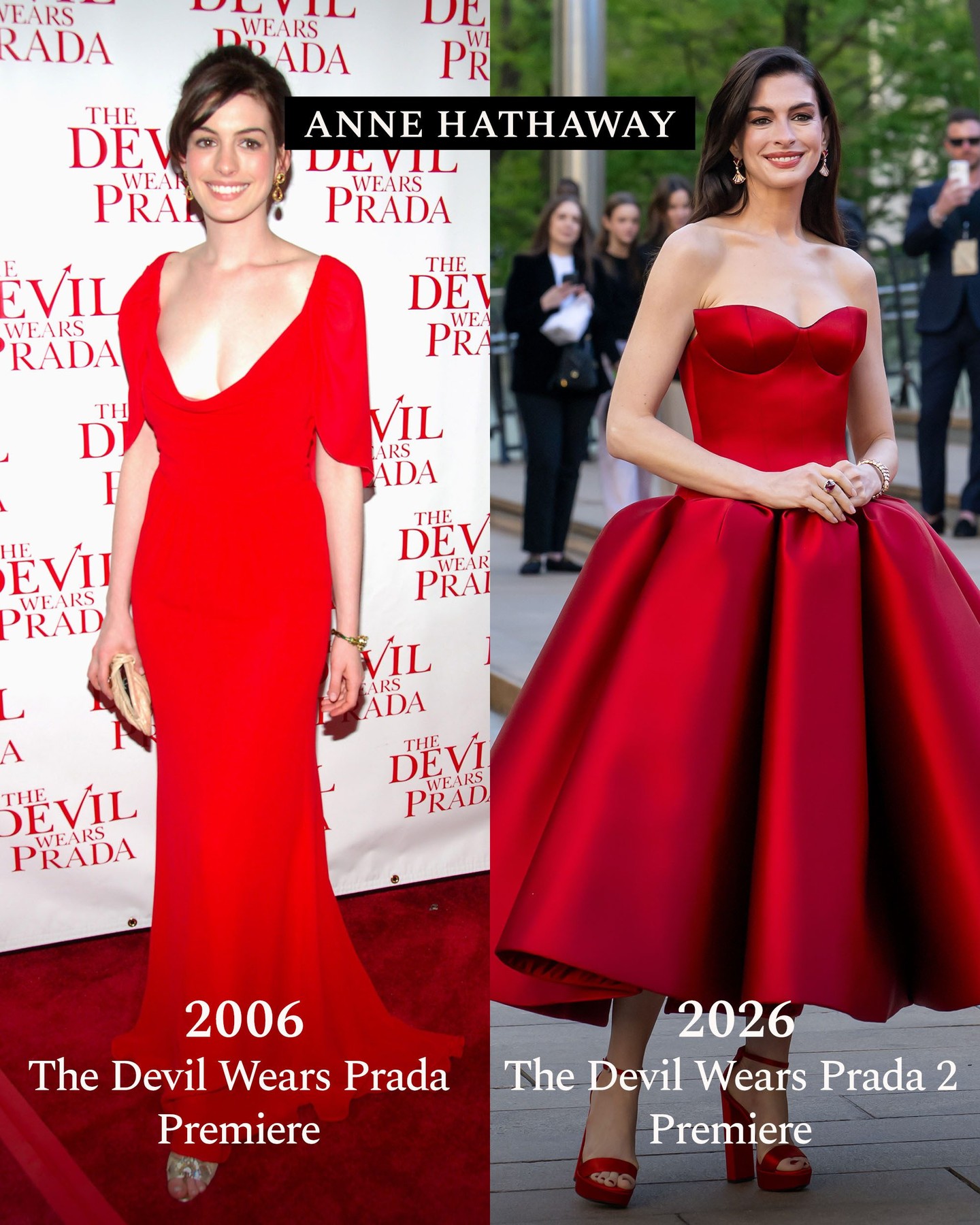 20 years later, and we're still girding our loins!!! The cast of #DevilWearsPrada served on last night's red carpet for round 2 of the highly anticipated sequel to the film. And we couldn't help but notice some parallels, like @annehathaway looking stunning in red once again. 

Swipe to take a walk down the #DWP memory lane with us.

📸: @gettyimages