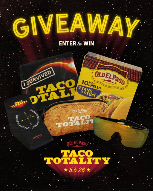 🔥THE TACO TOTALITY SWEEPSTAKES 🔥
 
So… we have something special cooking for Taco Totality, the day when Cinco de Mayo and Taco Tuesday collide!
 
Enter our Taco Totality Sweepstakes for a chance to get in on the fun with these special prizes.
 
🌟 Cowboy-certified t-shirt
🌟 Totality neck pillow for optimal bite alignment
🌟 Multi-spectrum glasses for onion cutting (no tears here)
🌟 Old El Paso classic taco shells for the big day
 
Hit the link in our bio now to enter!
 
NO PURCHASE NECESSARY. 50 US/DC res, 18+/age of maj. Ends 4/26/26. See Rules link in bio.