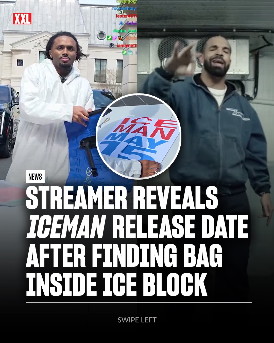 Streamer Kishka found Drake’s ICEMAN release date hidden inside a bag in the ice blocks and took it straight to The Embassy to reveal it.

After pulling the bag from the installation, Kishka drove to Drake’s Toronto mansion and showed what he found on camera, revealing the album drops May 15 👀🧊

Drake even gifted him cash for finding it. ICEMAN on the way.

🎥 @almightykishka