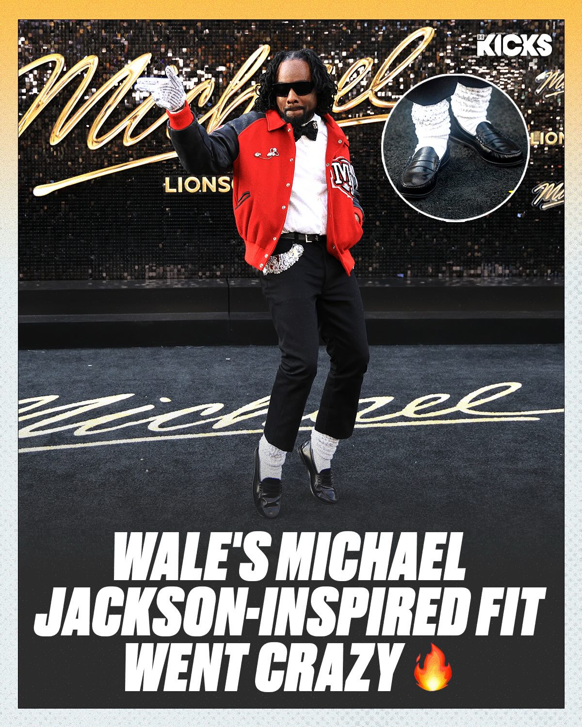 @wale did NOT miss 😂🔥

Pulled up to the ‘Michael’ premiere in his best Michael Jackson fit, down to the socks with the rare Mickey Mouse MJ letterman 😮‍💨