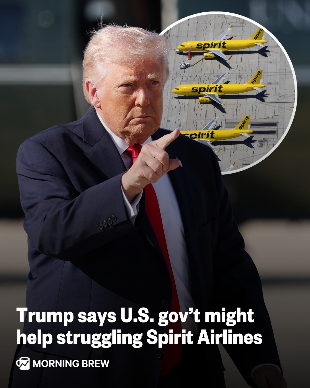 There’s nothing to lift your spirit like a hand from Uncle Sam.⁣
⁣
Speaking with CNBC this morning, President Trump remarked that he'd "love somebody to buy Spirit,” adding that “maybe” the federal government should help out the ailing airline. It’s stock price more than doubled during trading following the presidential sound byte.⁣
⁣
After filing for bankruptcy twice in the past two years, Spirit sold off planes and focused on fewer routes to cut costs. Recently though, the airline has considered offering the government a stake in exchange for assistance as it faces the prospect of liquidating its assets. To make matters worse, the past month has seen Spirit hit with rising fuel prices amid the Iran war.⁣
⁣
While the president was clearly open to a Spirit acquisition, he shot down any support for a rumored American and United merger, saying such corporate marriages make companies “lazy.” United CEO Scott Kirby reportedly pitched Trump on the idea of his company buying American recently—which would have created a behemoth airline controlling 40% of the US flight market.⁣
⁣
📸 : Getty