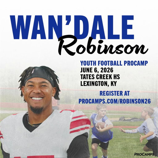 Lexington, I’m coming back home! 

Excited to announce my first youth football camp.

June 6th | 9AM–12PM
Tates Creek HS

Let’s get better together.
Register now: procamps.com/robinson26