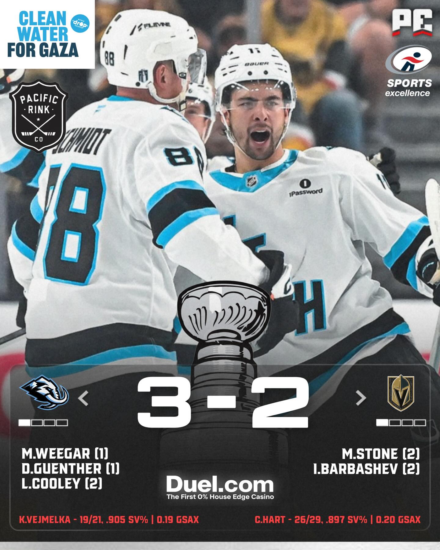 THE #MAMMOTH SURVIVE TO TAKE DOWN VEGAS AND EARN THEIR FIRST PLAYOFF WIN IN FRANCHISE HISTORY!!

Donate to the IDRF's Water Relief fund in Gaza (link in our bio) to be entered into a giveaway for a pair of NHL tickets to a game of your choice next season (DM proof of donation!