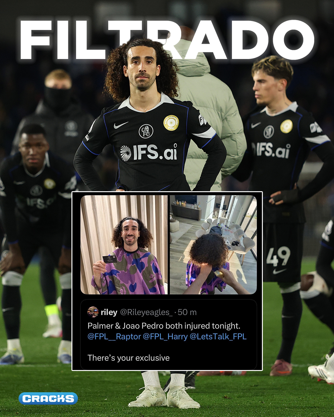 EN PROBLEMAS... ¡POR SU PELUQUERO! 💇‍♂️

✂️ El peluquero de Marc Cucurella filtró varias horas antes del partido vs Brighton & Hove Albion que Cole Palmer y Joao Pedro no serían convocados por lesión. ¡Lo publicó y luego lo borró!

📱 Mencionó a varias cuentas del juego 'fantasy' de la Premier League y, cuando le pidieron pruebas que demostrara el por qué sabía estas bajas, publicó una foto cortándole el pelo al español.