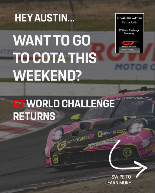 📢 HEY AUSTIN 📢 

Who wants to go to COTA this weekend? 🏁

You’re in luck, Porsche Austin will be choosing 2 WINNERS to experience GT World Challenge America. Don’t waste any time — swipe the post, follow the steps and tag your ride-or-die and we will see you at the race!