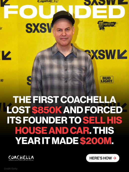 The first Coachella lost around $850,000 in 1999, and founder Paul Tollett had to sell his house and car to keep going.

Tollett was a chemistry student in Pomona who became obsessed with live music promotion. By his senior year of college, he dropped out to work full time in concerts.

He later bought @goldenvoice where he faced larger rivals with bigger budgets and stronger artist relationships.

So instead of competing on their terms, he built something different.

A festival where the experience and lineup were the draw.

He looked to European festivals like Glastonbury Festival for inspiration, then brought that model to the California desert.

Many doubted it would work.

Today, Coachella is one of the most successful music festivals in the world, generating hundreds of millions in annually and becoming a global cultural institution.

Sometimes the ideas that look irrational early just need time to look inevitable.