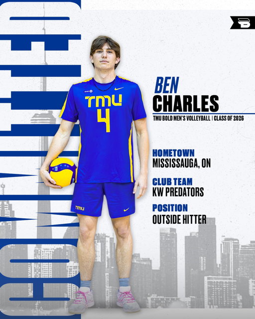 Make it official.

TMU Men’s Volleyball is proud to welcome Ben Charles as part of the Class of 2026. An outside hitter from Mississauga, Ontario, he currently competes with the KW Predators Volleyball Club. Ben is excited to join the program and begin training with the team. Welcome to the TMU family, Ben!

#BeBold | @tmubold