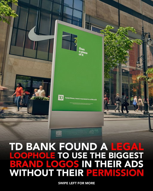 TD Bank wanted to promote fractional investing, the ability to own a small part of big companies.

The challenge was they couldn’t legally use those companies’ logos in their ads.

So instead of showing the logos, they built billboards with cut-out windows and placed them in front of real stores. When people looked through the cut-out, they saw only a portion of the logo behind it.

That visual directly represented owning a fraction of a company.

The strategy works because it takes a complex financial concept and turns it into something instantly understandable. Instead of explaining fractional shares, they showed it in a real-world context people already recognize.

It also uses the environment as part of the ad, making the message feel more natural and attention-grabbing without relying on traditional visuals.

Follow @biz.insider for more creative campaign brake downs.