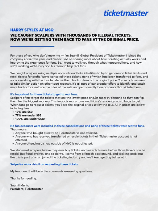 An update on ticket releases for Harry Styles Together, Together in NYC! We caught scalpers with tickets, took action and we are working with Harry and his team to get them back to fans at the original price. 🎫

Swipe for more info. ➡️