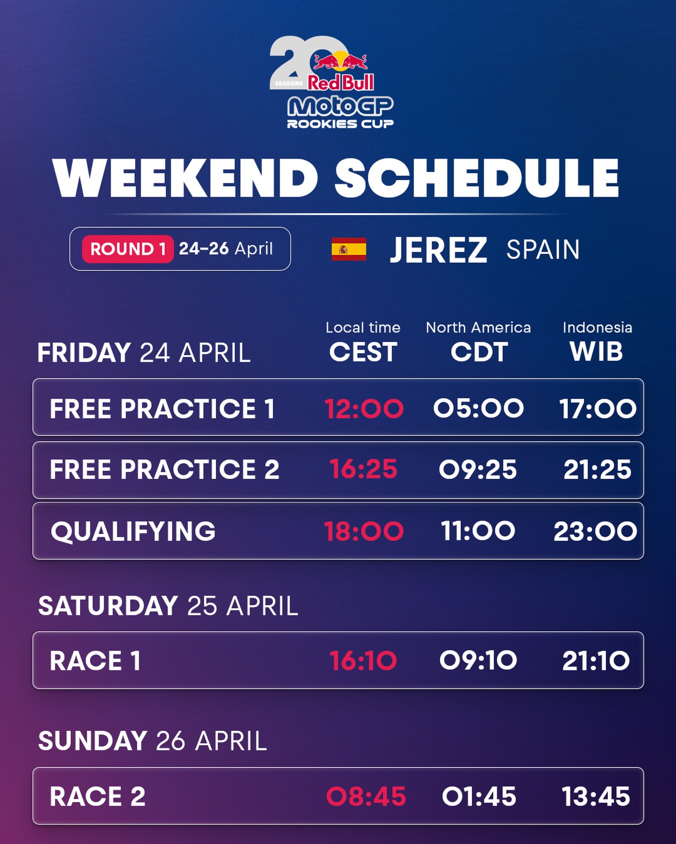 All the timings you need for this weekend’s #SpanishGP 🇪🇸

Watch the races live on Facebook, Red Bull TV, or YouTube 🔗 link in bio!

#RedBullRookiesCup #RoadToMotoGP #MotoGP #Racing