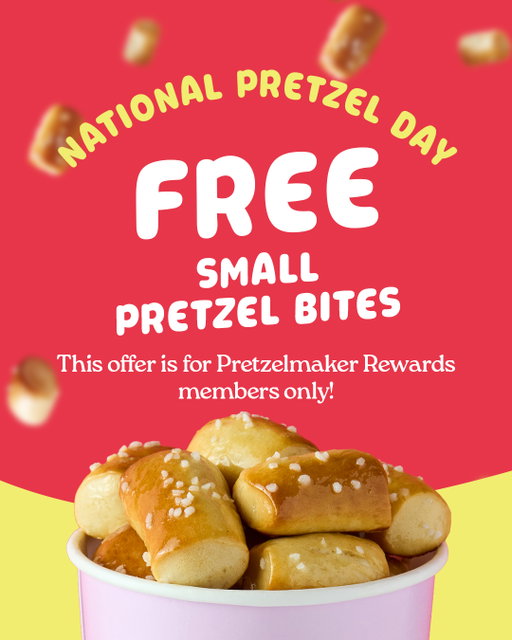 🥨✨NATIONAL PRETZEL DAY IS COMING 🥨✨ We’re celebrating with FREE Small Pretzel Bites and an exclusive sticker for Pretzelmaker Rewards members! 

Download the Pretzelmaker Rewards app to join today so you don’t miss the reward! Swipe to see how it works ➡️
