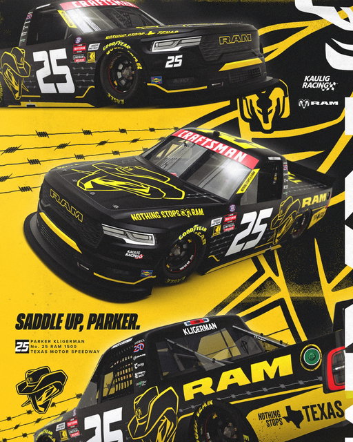 Saddled up and ready to throw down.

@pkligerman will rock this special Nothing Stops Texas paint scheme on his Ram 1500 at @txmotorspeedway! 🤠