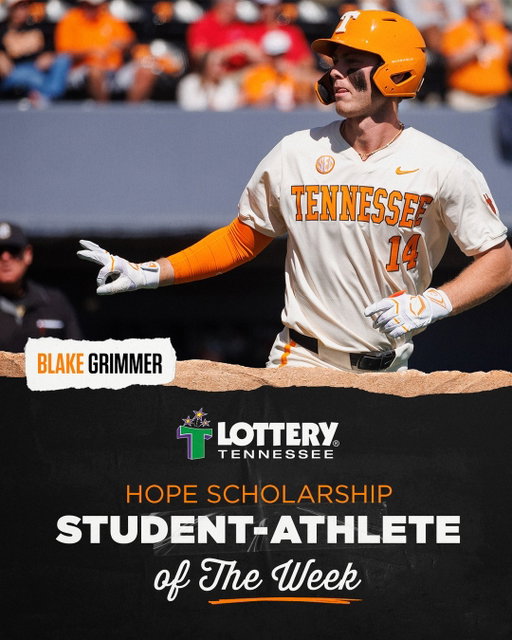 Blake Grimmer is the @tnlottery Student-Athlete of the Week!

The @vol_baseball redshirt sophomore holds a 3.88 GPA in Kinesiology and recently had a 3-home run game in a win over No. 25 Ole Miss.