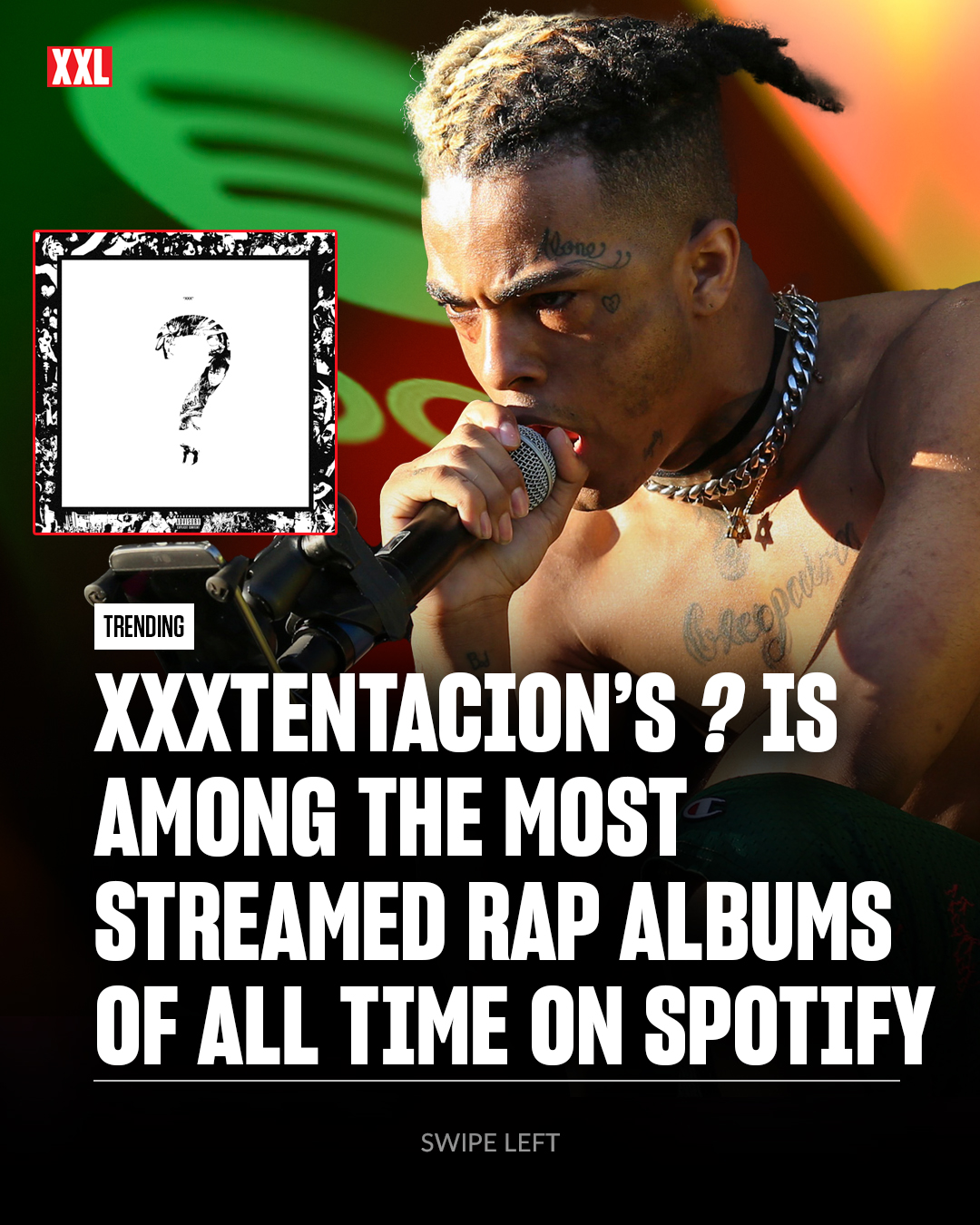 XXXTentacion's ? is among the most-streamed rap albums of all time on Spotify.

Spotify announced several lists for the most-streamed albums, artists, songs and more to celebrate 20 years in the game on Thursday (April 23). X's album sits at No. 13.

Most Streamed Albums of all Time on Spotify

1. Bad Bunny's Un Verano Sin Ti 
2. The Weeknd's Starboy
3. Ed Sheeran's ÷ (Deluxe)
4. Olivia Rodrigo's SOUR
5. The Weeknd's After Hours
6. SZA's SOS
7. Post Malone's Hollywood's Bleeding
8. Taylor Swift's Lover
9. Arctic Monkeys' AM
10. Billie Eilish's WHEN WE ALL FALL ASLEEP, WHERE DO WE GO?
11. Dua Lipa's Future Nostalgia
12. Post Malone's Beerbongs & Bentleys
13. XXXTENTACION's ?
14. KAROL G's MAÑANA SERÁ BONITO (BICHOTA SEASON)
15. Bad Bunny's YHLQMDLG
16. Bruno Mars' Doo-Wops & Hooligans
17. Drake's Views
18. Taylor Swift's Midnights
19. Drake's Scorpion
20. The Weeknd's Beauty Behind The Madness