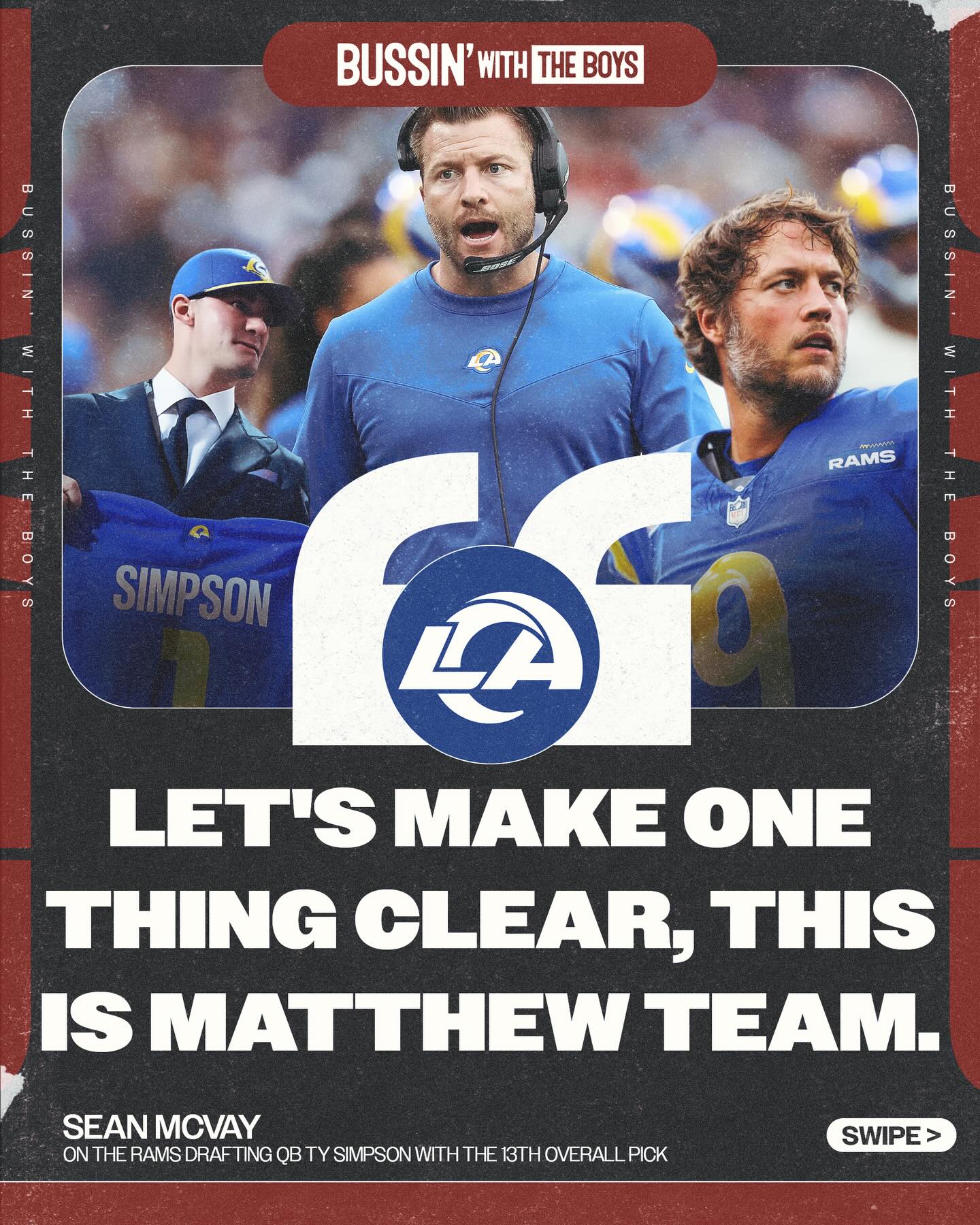 Sean McVay on the Rams drafting QB Ty Simpson at No. 13:

“Let’s make one thing clear, this is Matthew [Stafford]’s team.”

🎥: @espnnfl