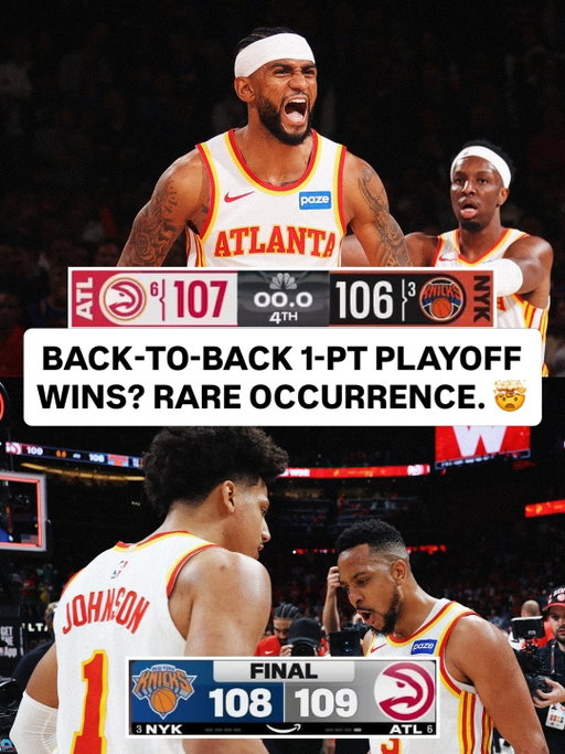 Game 2: Hawks 107-106 ‼️ Game 3: Hawks 109-108 ‼️ It’s the 6th time in NBA history that back-to-back playoff games in a series have been decided by 1 point and just the 3rd time that the same team won both games 🤯 NYK/ATL Game 4 is Saturday, 4/25 at 6:00pm/et on NBC & Peacock • NBA Playoffs presented by @google