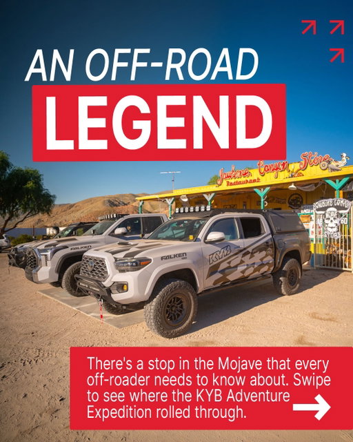 An off-road legend in the heart of the Mojave. The Jawbone Canyon Store has been a desert institution for generations — cold drinks, BBQ, live music, and a history that goes all the way back to aviatrix Pancho Barnes and Chuck Yeager. It’s the perfect pit stop when the trails have done their work on you. The KYB Adventure Expedition rolled through, and the rigs never missed a beat. #KYB #OffWeGo